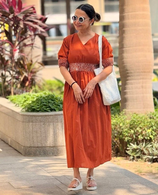 Rust Brown Embroidered Cotton Slub Anarkali Gown