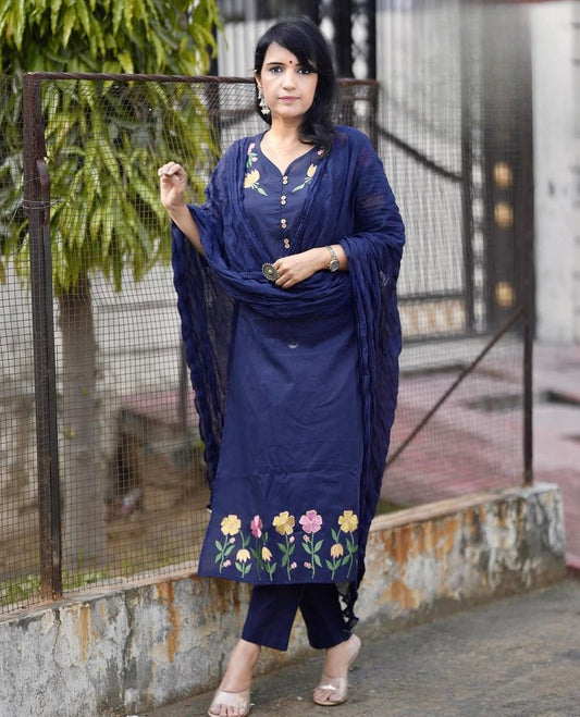 Navy Blue Embroidered Cotton Kurta and Pant Set with Dupatta