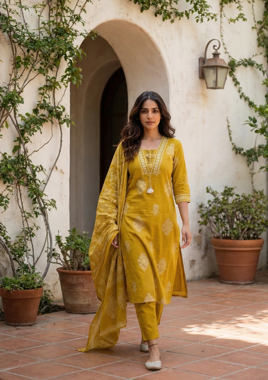 Dark Mustard Cotton Kurta And Pant Set With Mulmul Dupatta