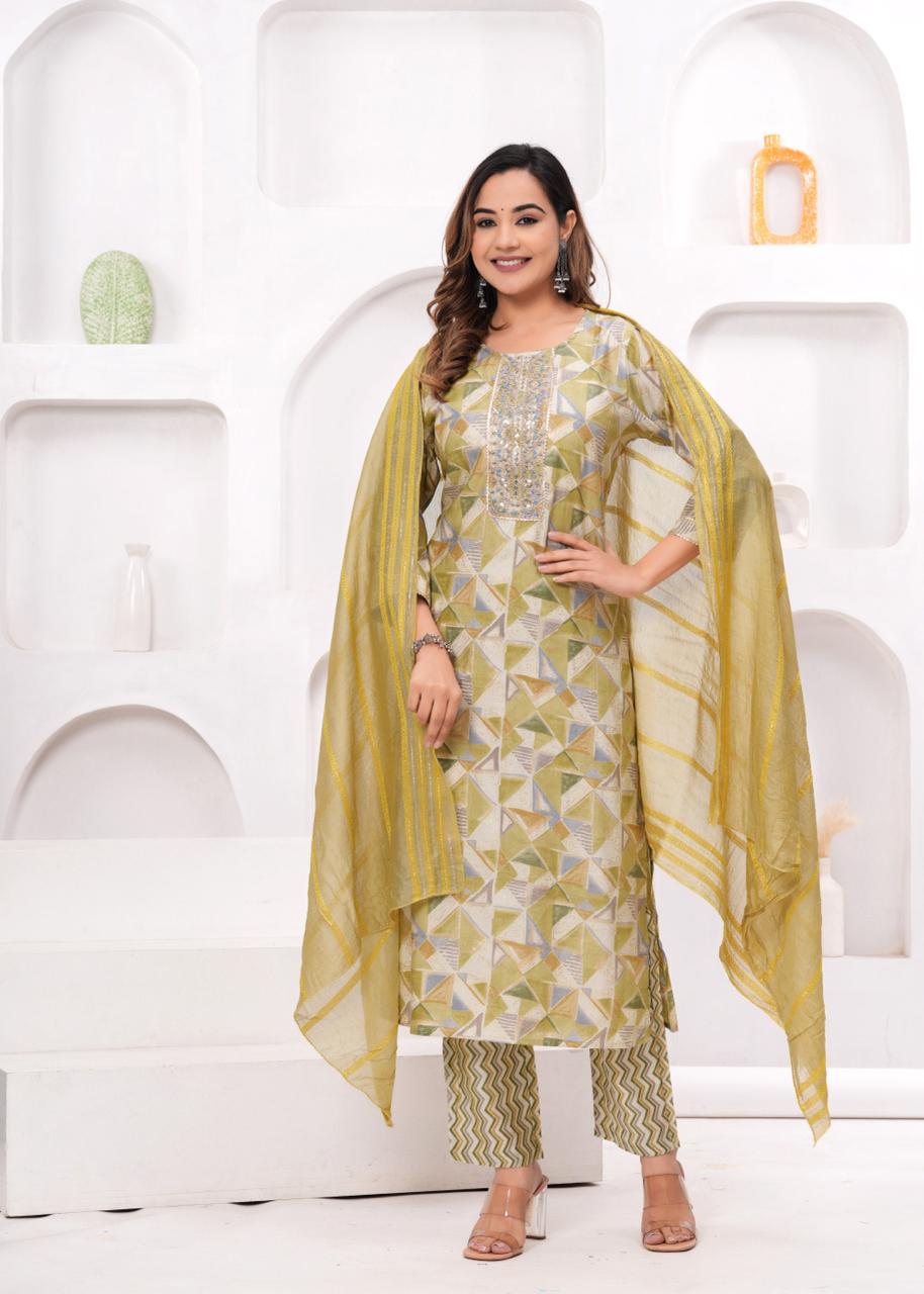 Desert Sand Embellished Muslin Suit with Mulmul Dupatta