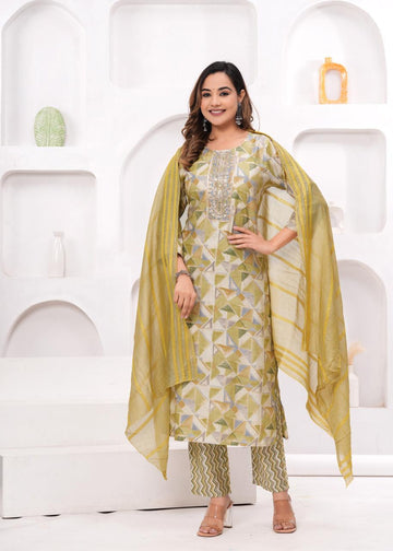 Desert Sand Embellished Muslin Suit with Mulmul Dupatta