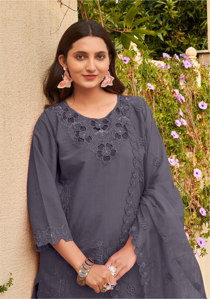 Mid Grey Khatli Cut Work Ragga Roman Silk Suit Set with Organza Dupatta