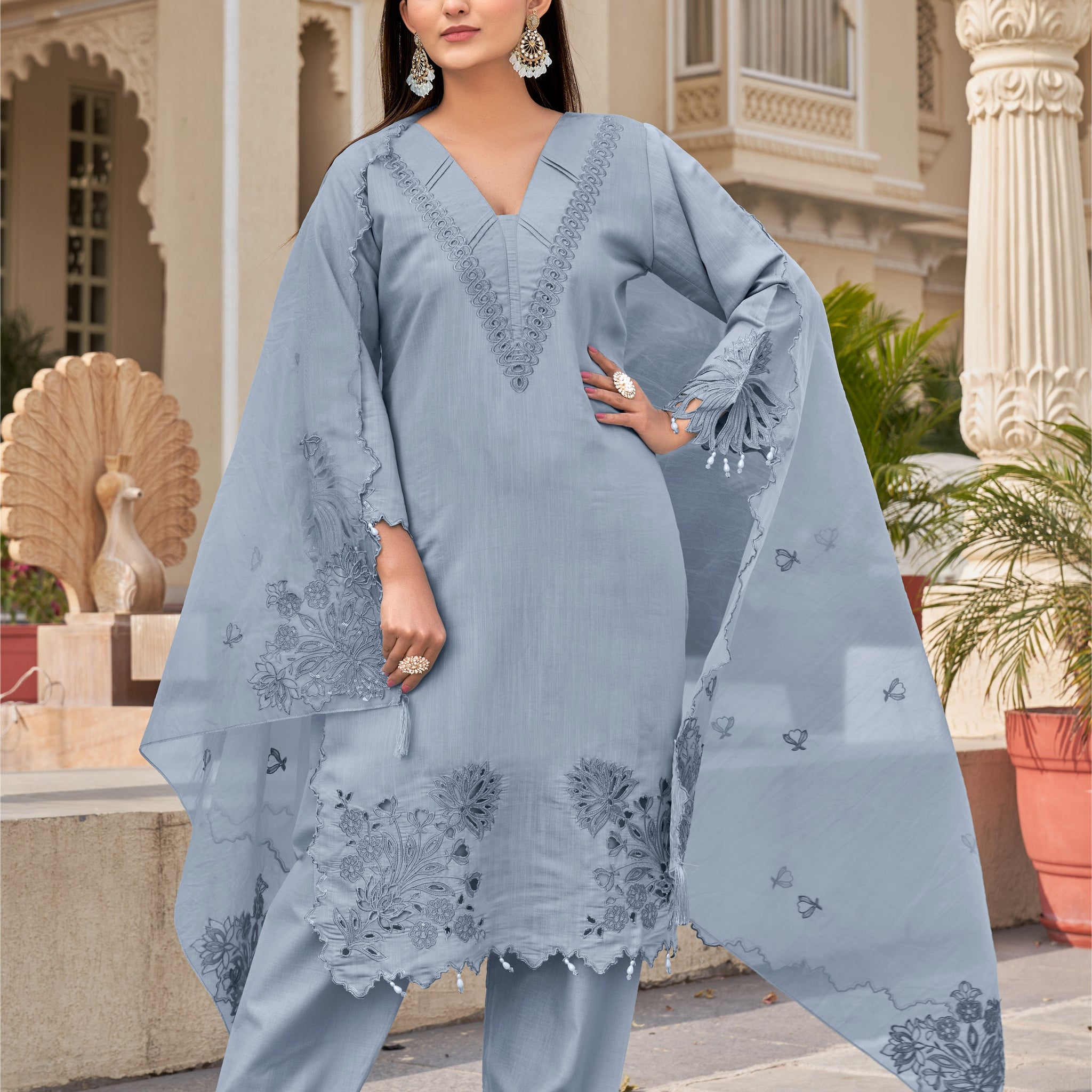 Light Grey Blue Khatli Cut Work Ragga Roman Silk Slub Suit Set with Organza Dupatta