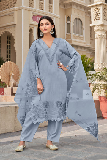 Light Grey Blue Khatli Cut Work Ragga Roman Silk Slub Suit Set with Organza Dupatta