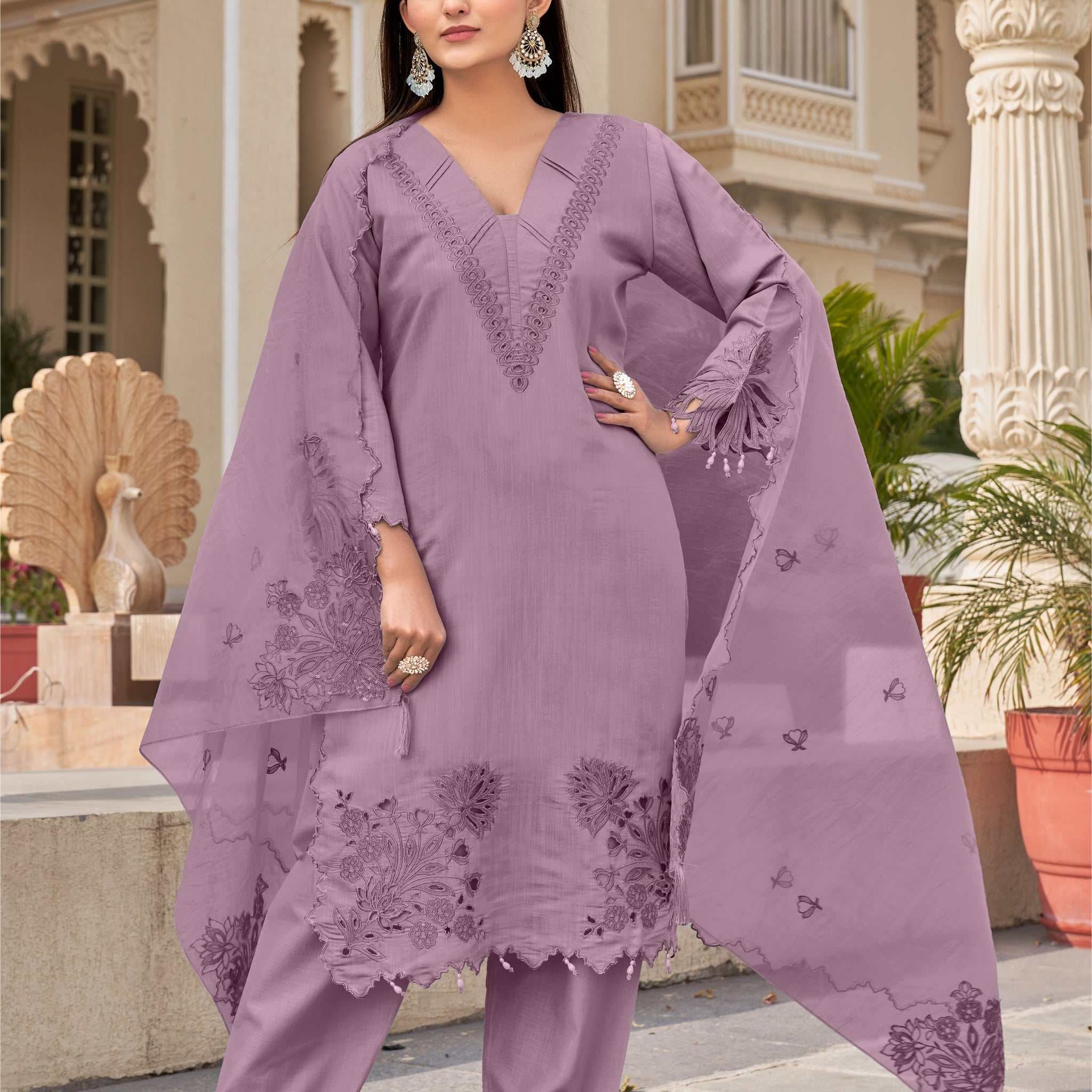 Mountbatten Pink Khatli Cut Work Ragga Roman Silk Slub Suit Set with Organza Dupatta