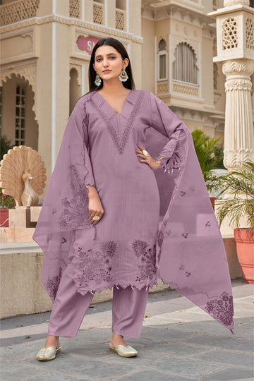 Mountbatten Pink Khatli Cut Work Ragga Roman Silk Slub Suit Set with Organza Dupatta