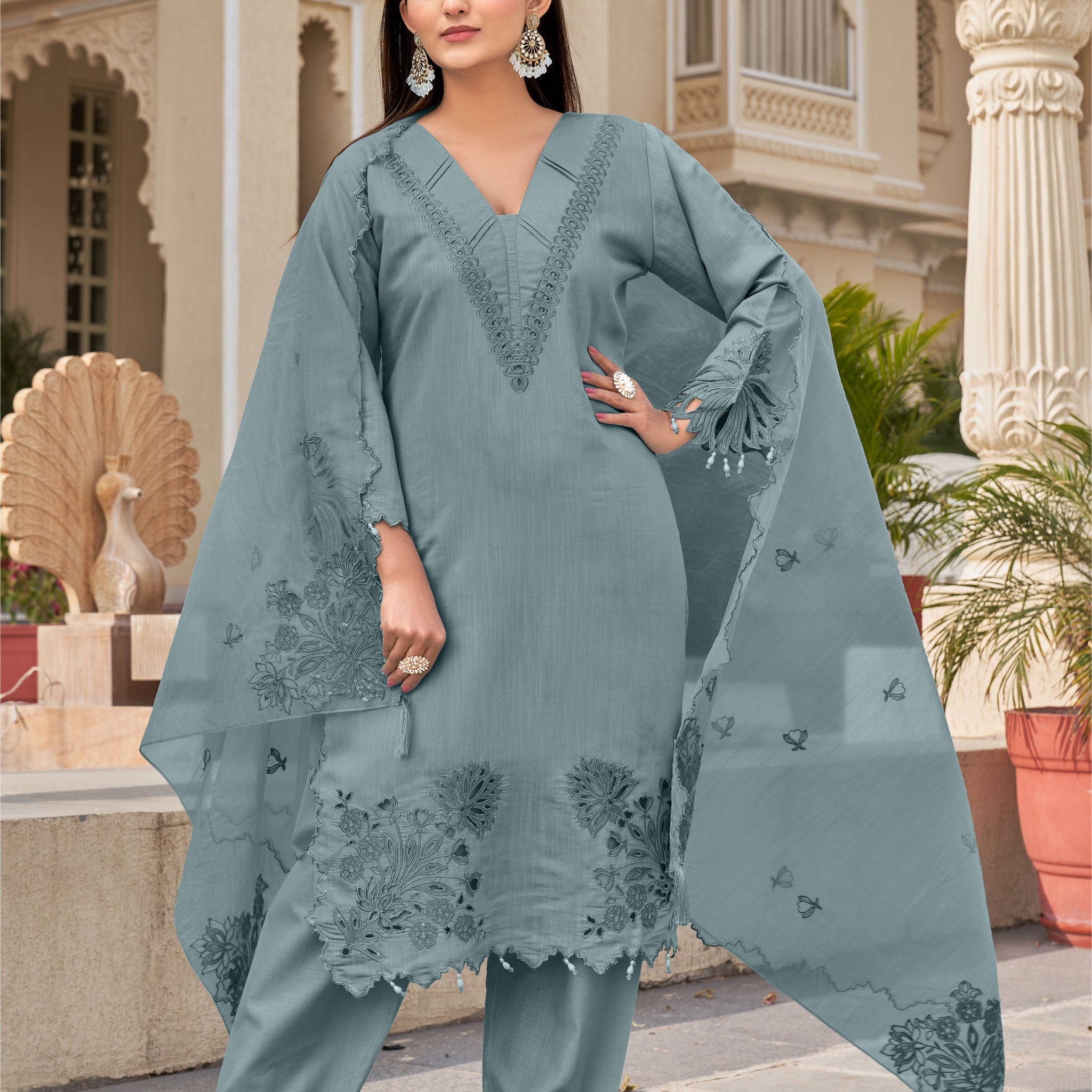 Spanish Green Khatli Cut Work Ragga Roman Silk Slub Suit Set with Organza Dupatta