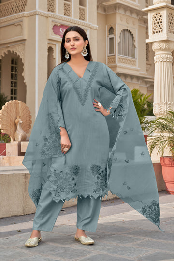 Spanish Green Khatli Cut Work Ragga Roman Silk Slub Suit Set with Organza Dupatta