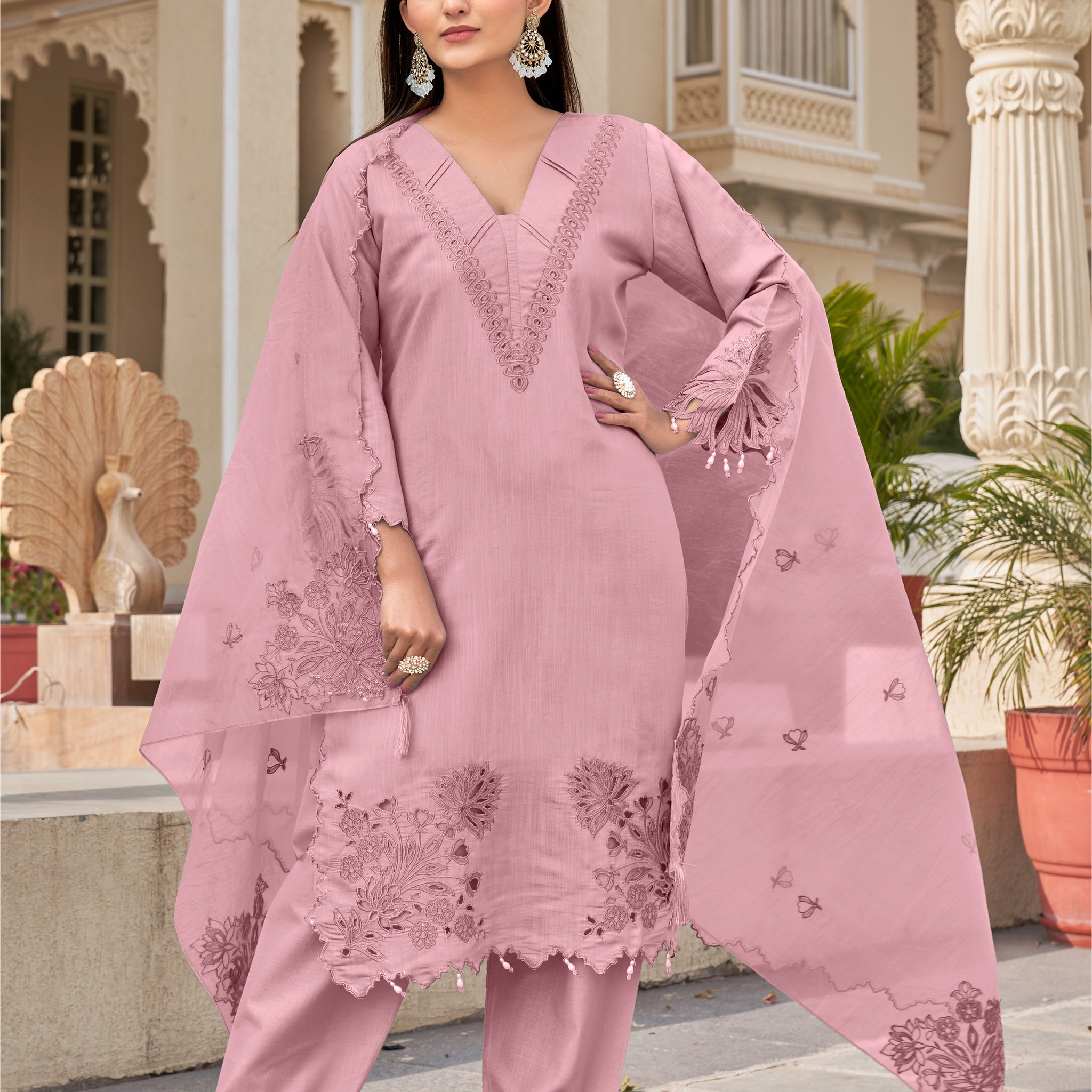 Faded Pink Khatli Cut Work Ragga Roman Silk Slub Suit Set with Organza Dupatta