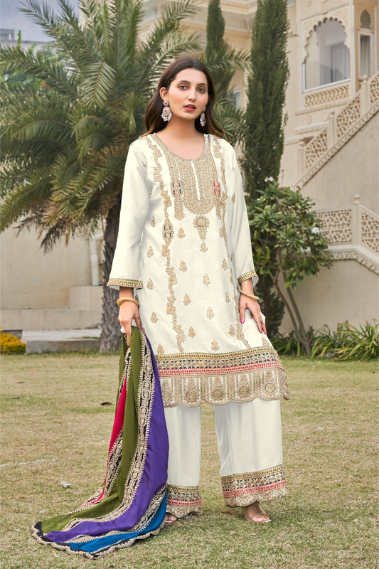 White Heavy Embroidered Chinon Suit Set with Dupatta