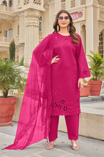 Pink Khatli Cut Work Ragga Roman Silk Suit Set with Organza Dupatta