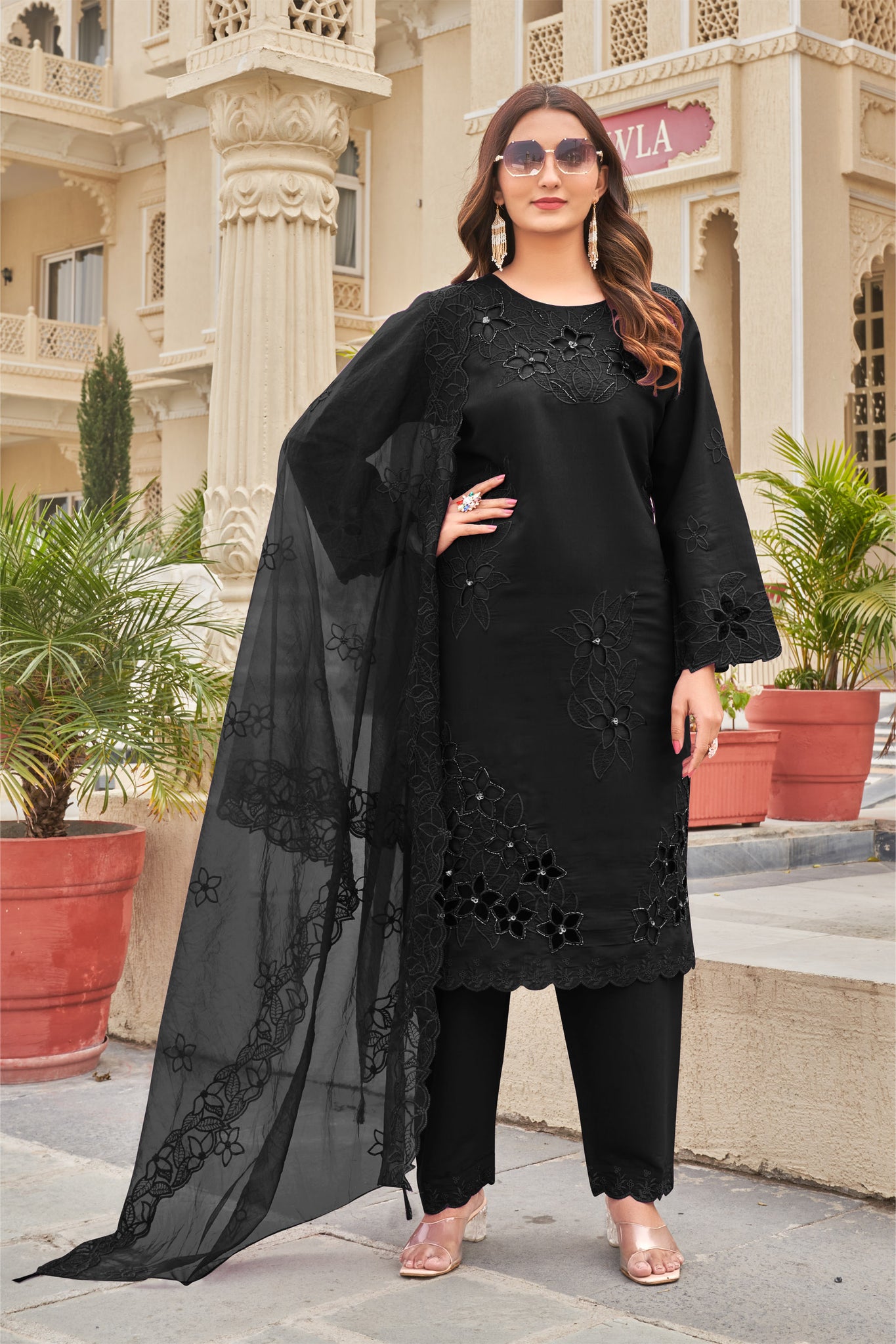 Black Khatli Cut Work Ragga Roman Silk Suit Set with Organza Dupatta