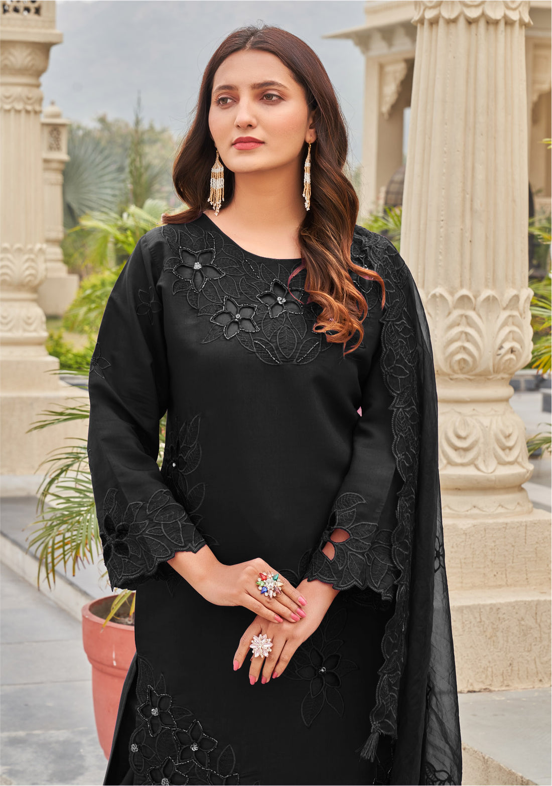 Black Khatli Cut Work Ragga Roman Silk Suit Set with Organza Dupatta