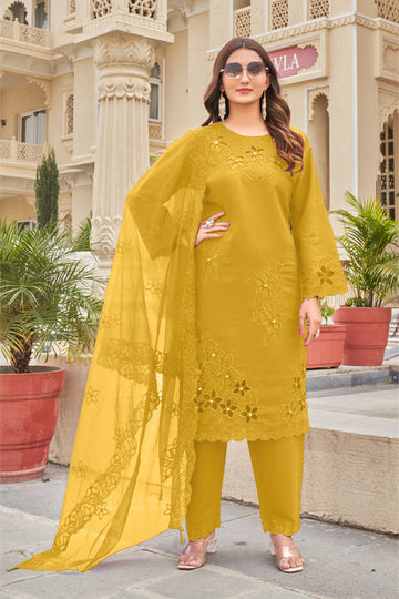 Yellow Khatli Cut Work Ragga Roman Silk Suit Set with Organza Dupatta