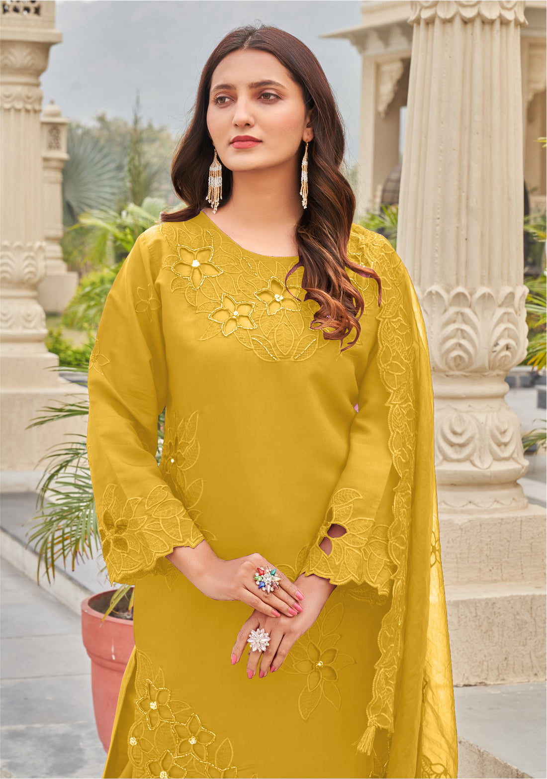 Yellow Khatli Cut Work Ragga Roman Silk Suit Set with Organza Dupatta