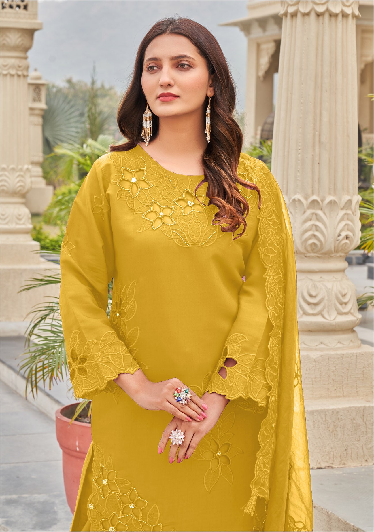 Yellow Khatli Cut Work Ragga Roman Silk Suit Set with Organza Dupatta