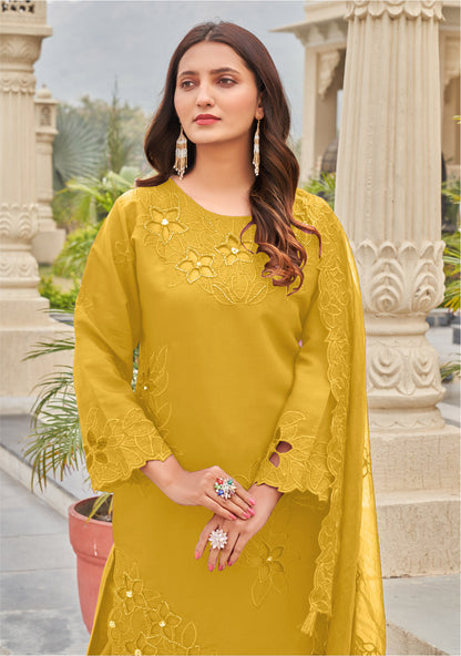 Yellow Khatli Cut Work Ragga Roman Silk Suit Set with Organza Dupatta
