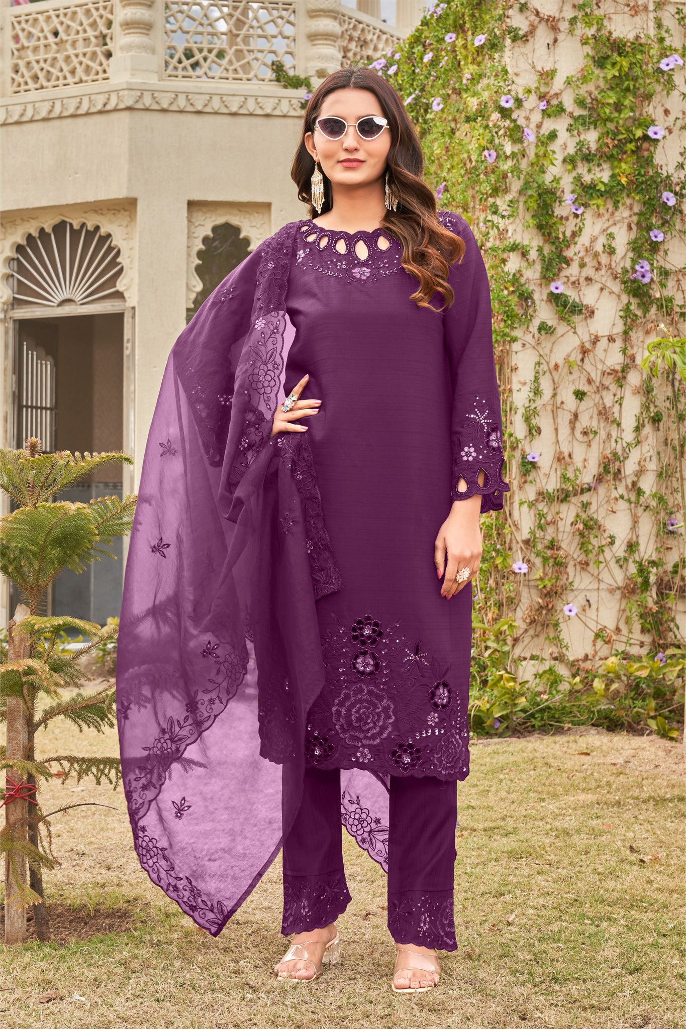 Purple Khatli Cut Work Ragga Roman Silk Suit Set with Dupatta