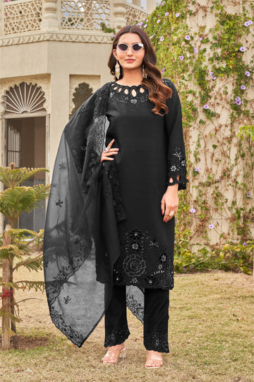 Black Khatli Cut Work Ragga Roman Silk Suit Set with Dupatta