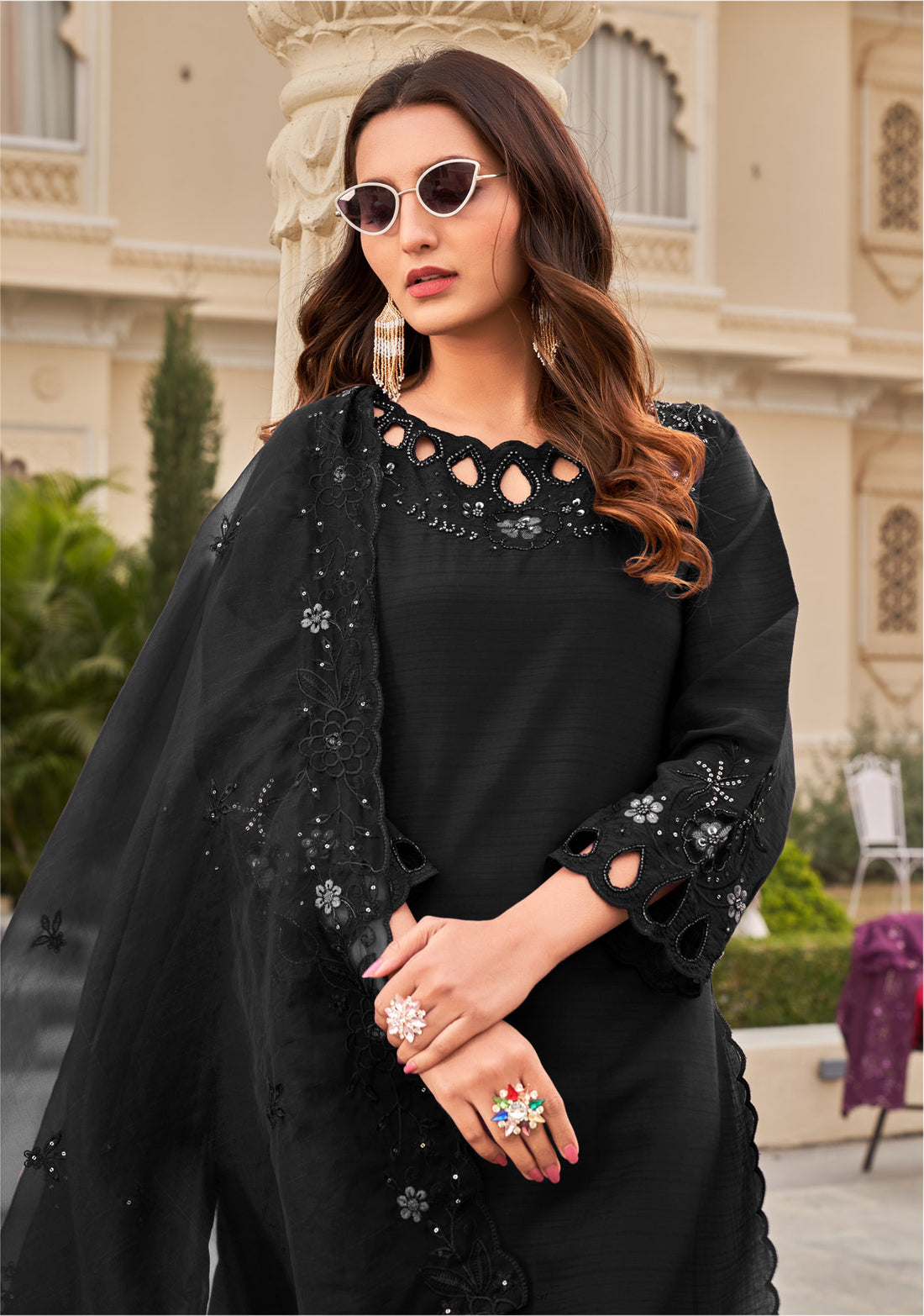 Black Khatli Cut Work Ragga Roman Silk Suit Set with Dupatta