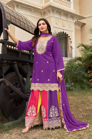 Purple Embroidered Pure Chinon Kurta and Palazzo Set with Dupatta