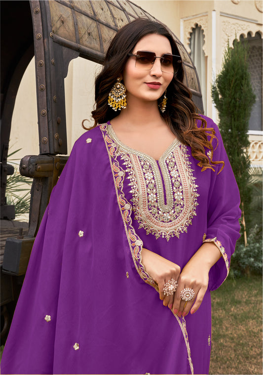 Purple Embroidered Pure Chinon Kurta and Palazzo Set with Dupatta