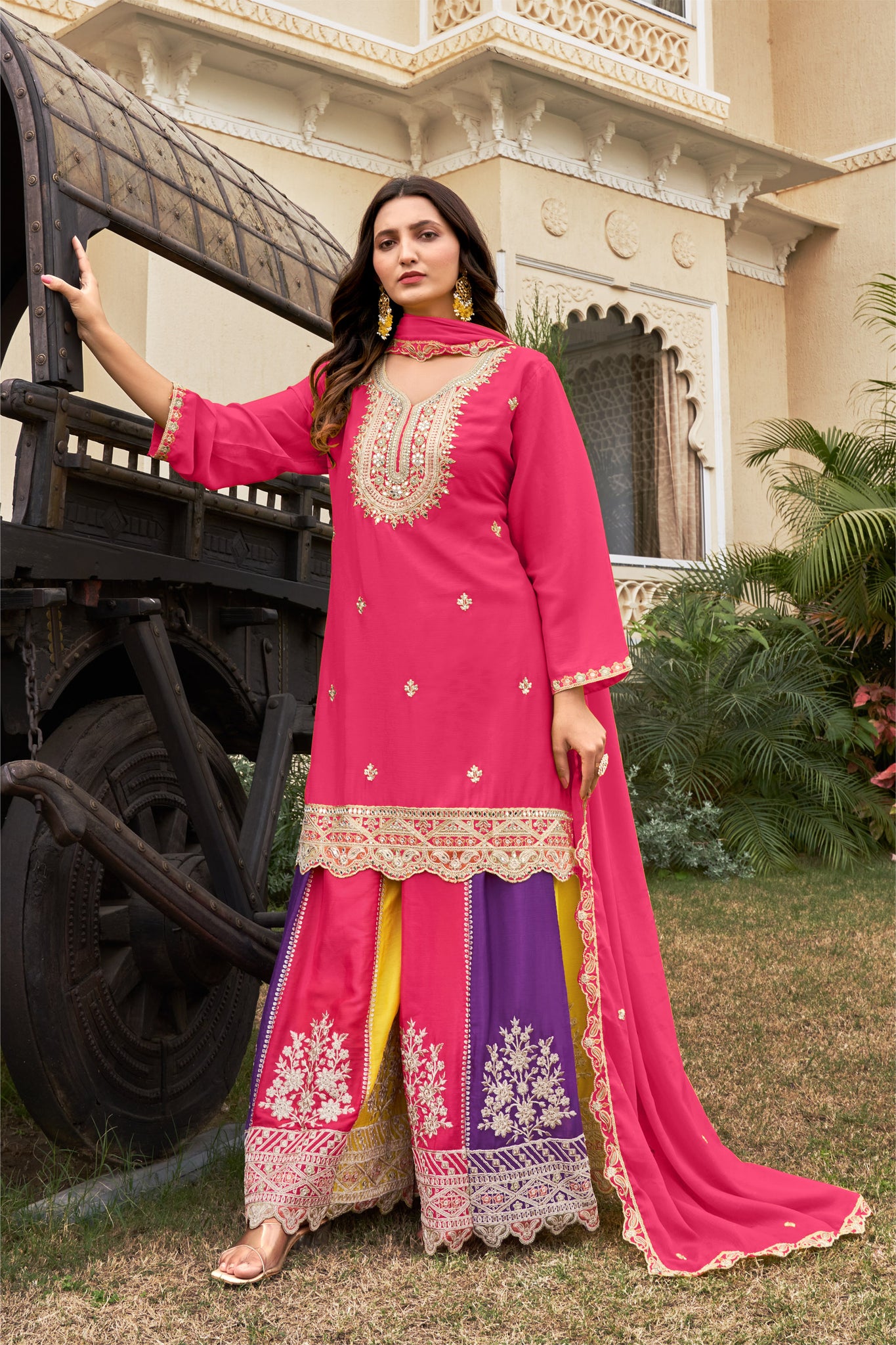 Cerise Pink Embroidered Pure Chinon Kurta and Palazzo Set with Dupatta