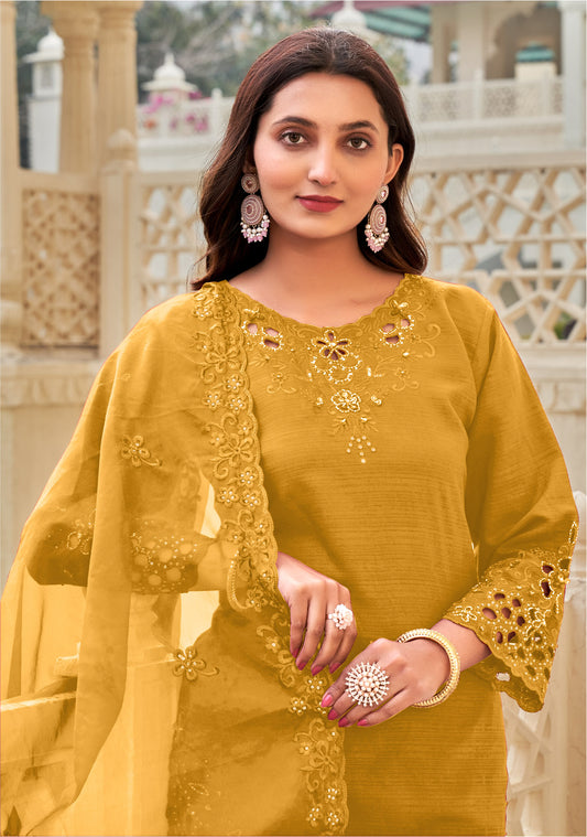 Yellow Khatli Cut Work Ragga Roman Silk Suit Set with Organza Dupatta