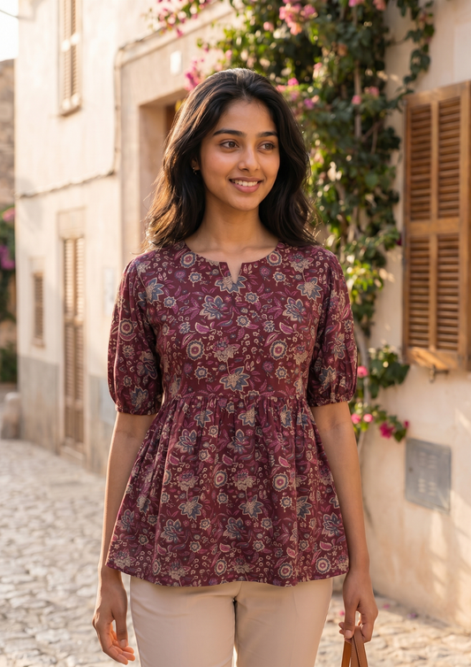 Wine Printed Cotton Short Kurti