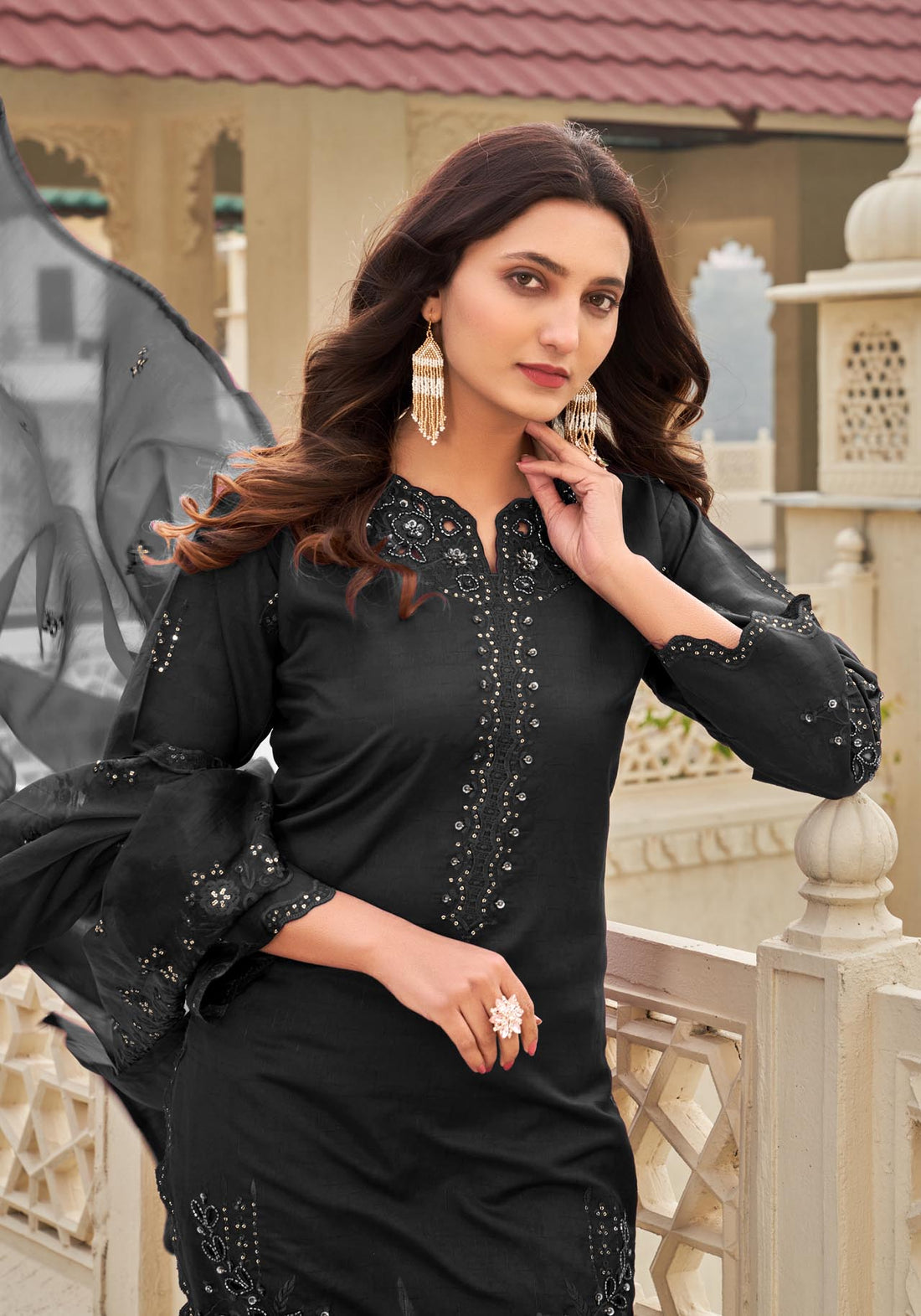 Black Ragga Roman Silk Slub Khatli Cut work Suit Set with Organza Dupatta
