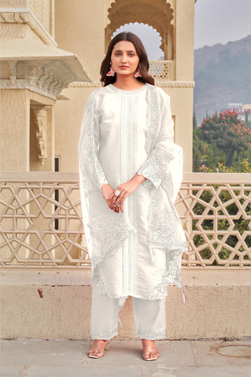 White Ragga Roman Silk Slub Khatli Cut work Suit Set with Organza Dupatta