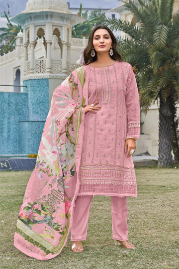 Old Rose Heavy Embroidered Lining Organza Suit Set with Digital Print Cotton Dupatta