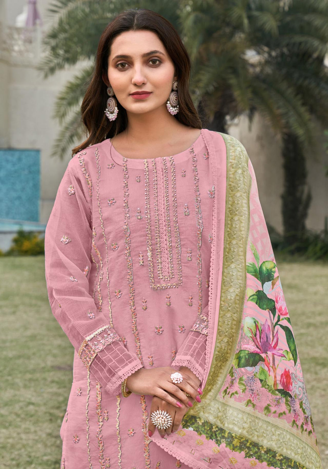 Old Rose Heavy Embroidered Lining Organza Suit Set with Digital Print Cotton Dupatta