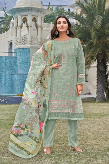 Grey Olive Heavy Embroidered Lining Organza Suit Set with Digital Print Cotton Dupatta