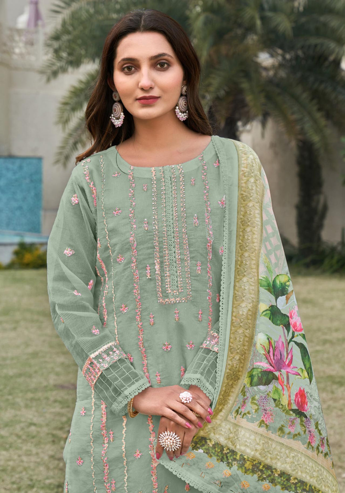 Grey Olive Heavy Embroidered Lining Organza Suit Set with Digital Print Cotton Dupatta