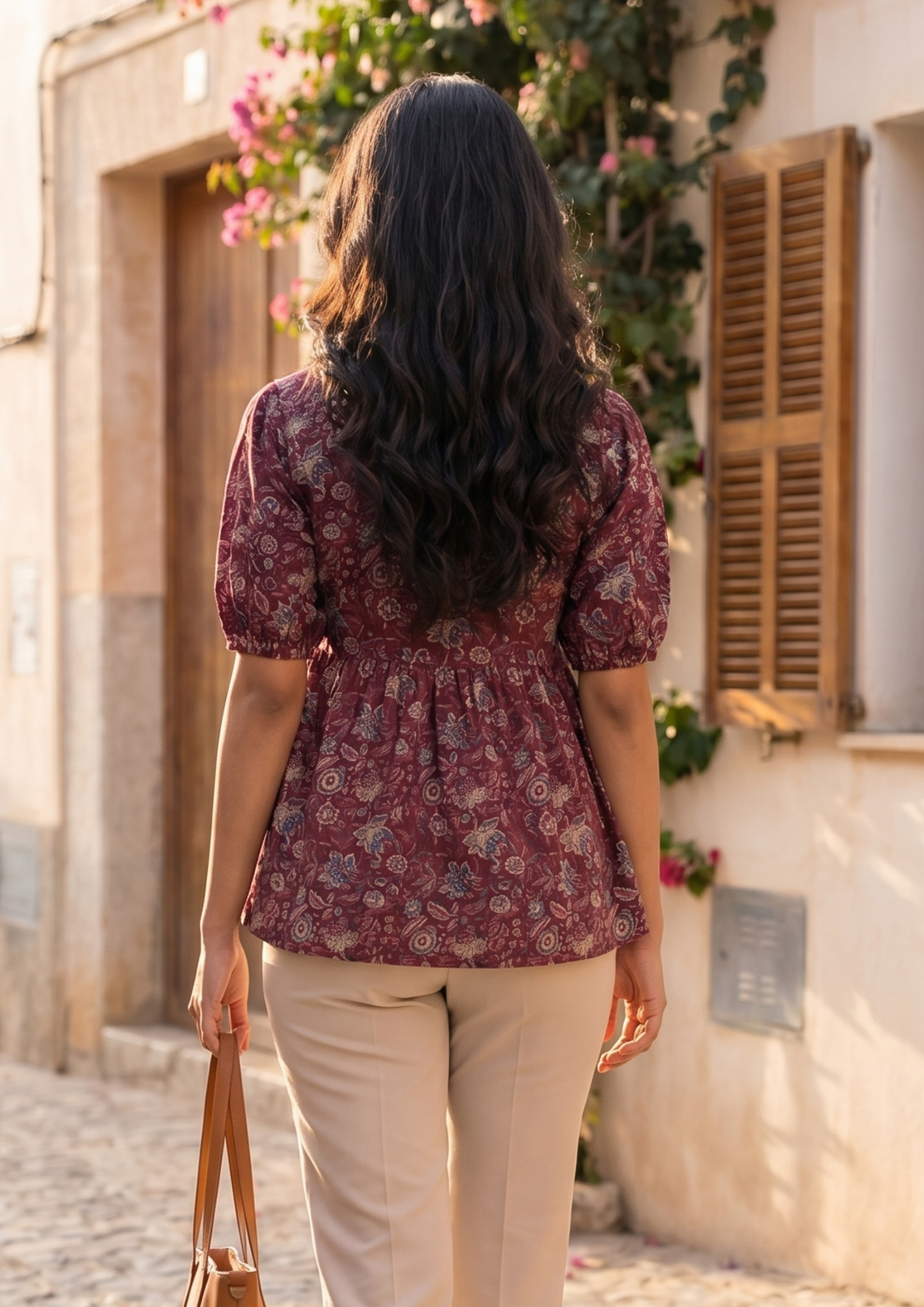 Wine Printed Cotton Short Kurti
