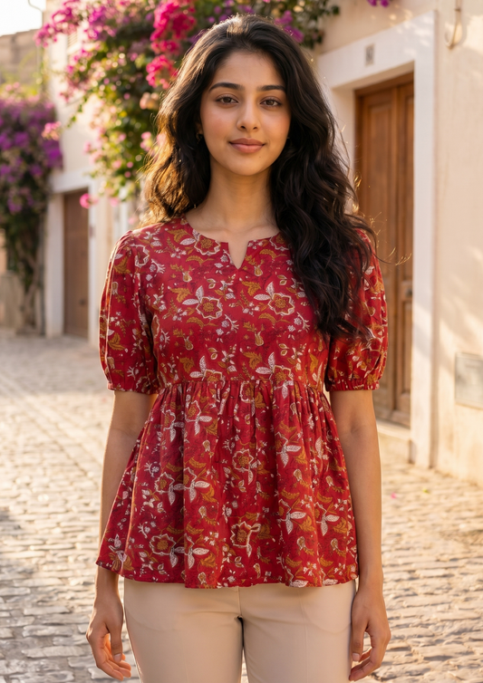 Red Printed Cotton Short Kurti