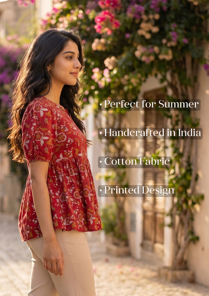 Red Printed Cotton Short Kurti