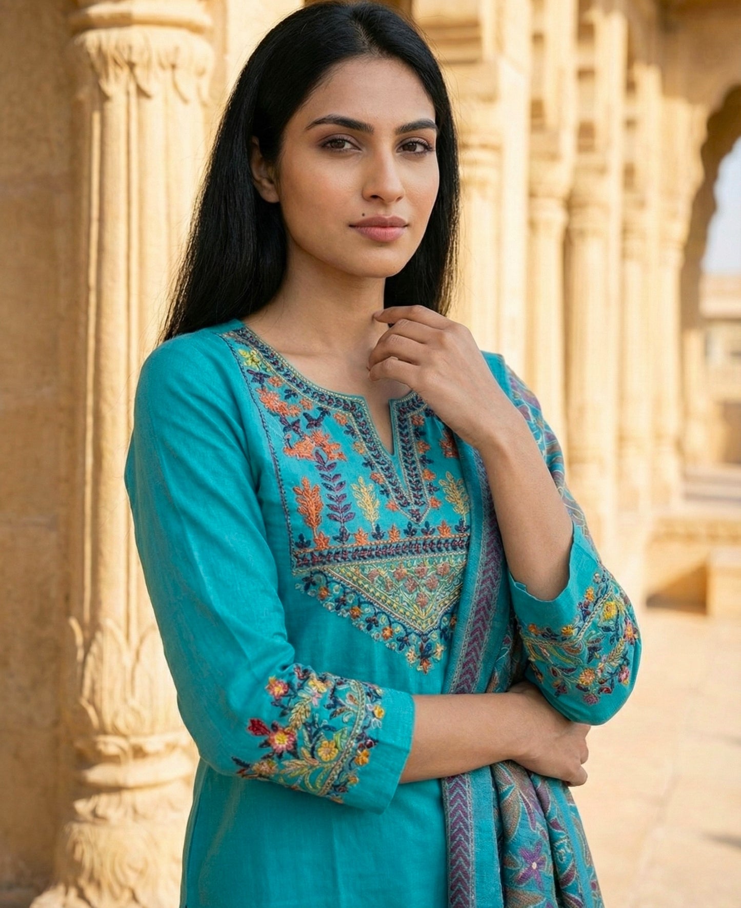 Sky Blue Embroidered Cotton Flex Kurta and Pant Set with Dupatta