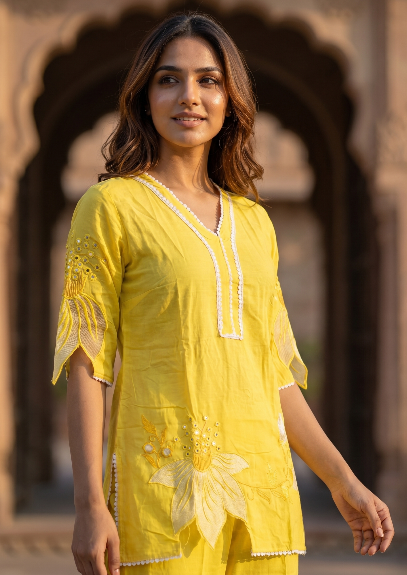 Yellow Embroidered Rayon Kurta and Pant Set