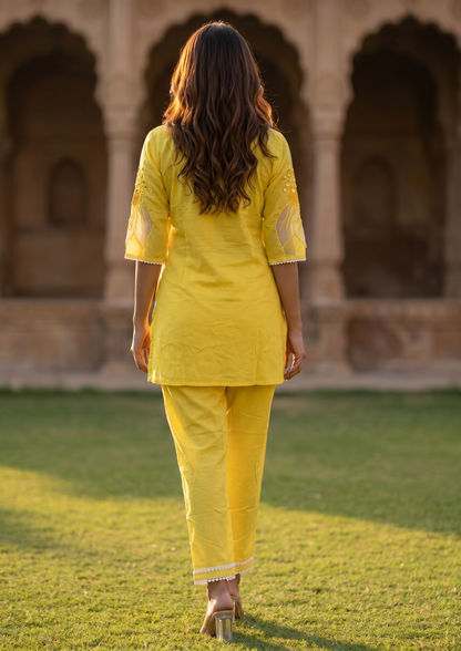 Yellow Embroidered Rayon Kurta and Pant Set