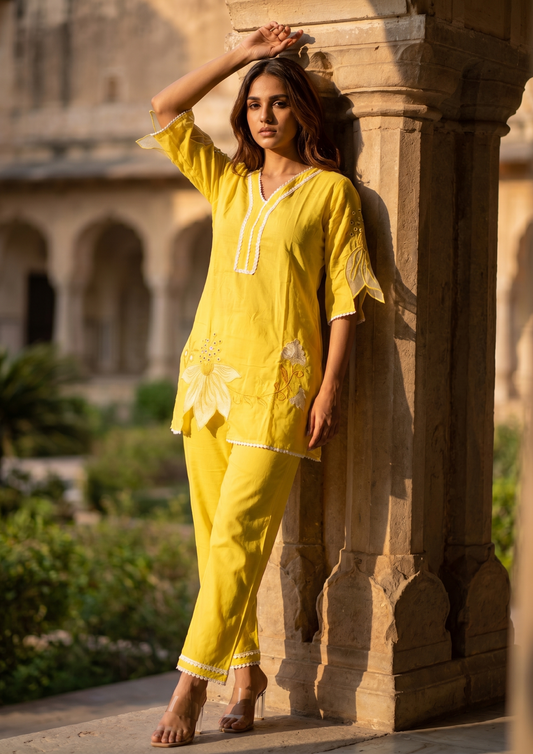 Yellow Embroidered Rayon Kurta and Pant Set