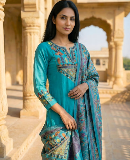Sky Blue Embroidered Cotton Flex Kurta and Pant Set with Dupatta