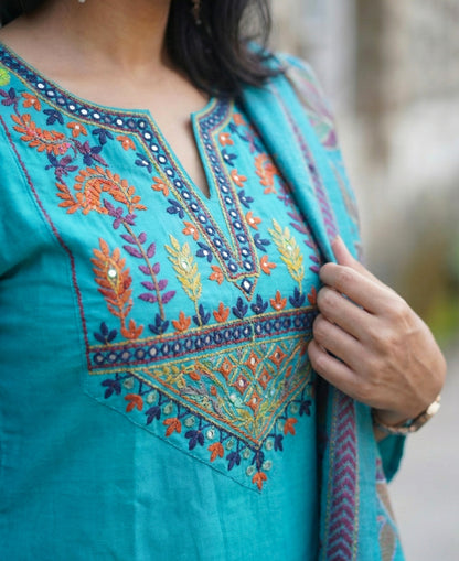 Sky Blue Embroidered Cotton Flex Kurta and Pant Set with Dupatta