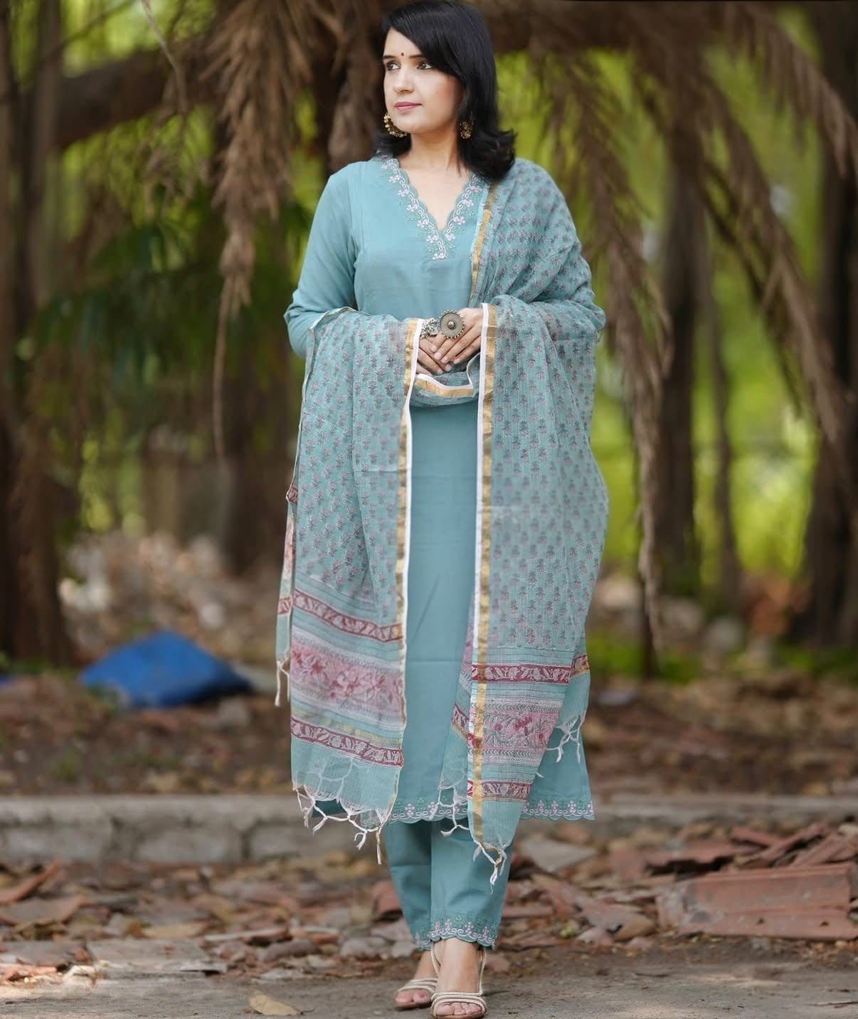 Slate Blue Embroidered Cotton Kurta and Pant Set with Dupatta