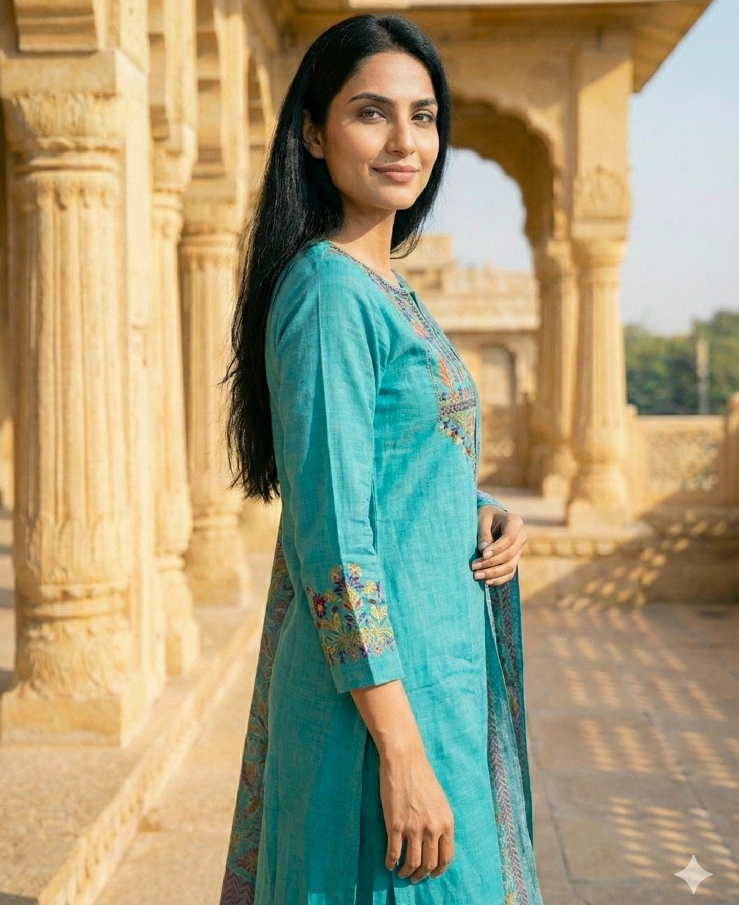 Sky Blue Embroidered Cotton Flex Kurta and Pant Set with Dupatta