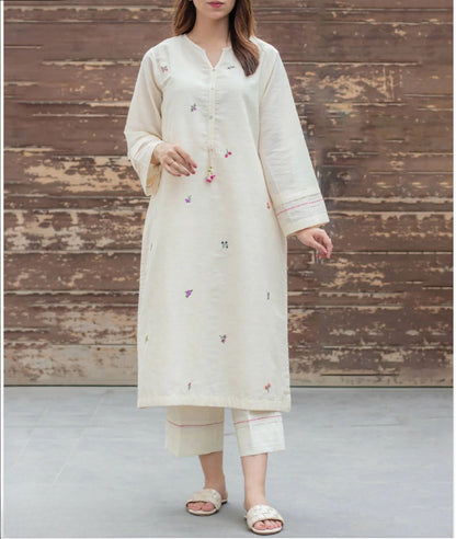 Off White Embroidered Cotton Kurta and Pant Set