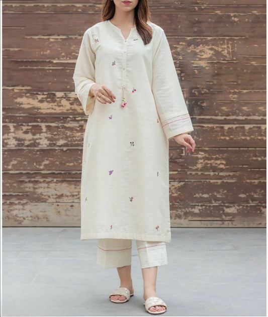 Off White Embroidered Cotton Kurta and Pant Set