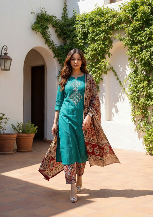 Persian Green Embroidered Handloom Cotton Suit Set with Dupatta