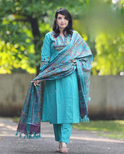 Sky Blue Embroidered Cotton Flex Kurta and Pant Set with Dupatta